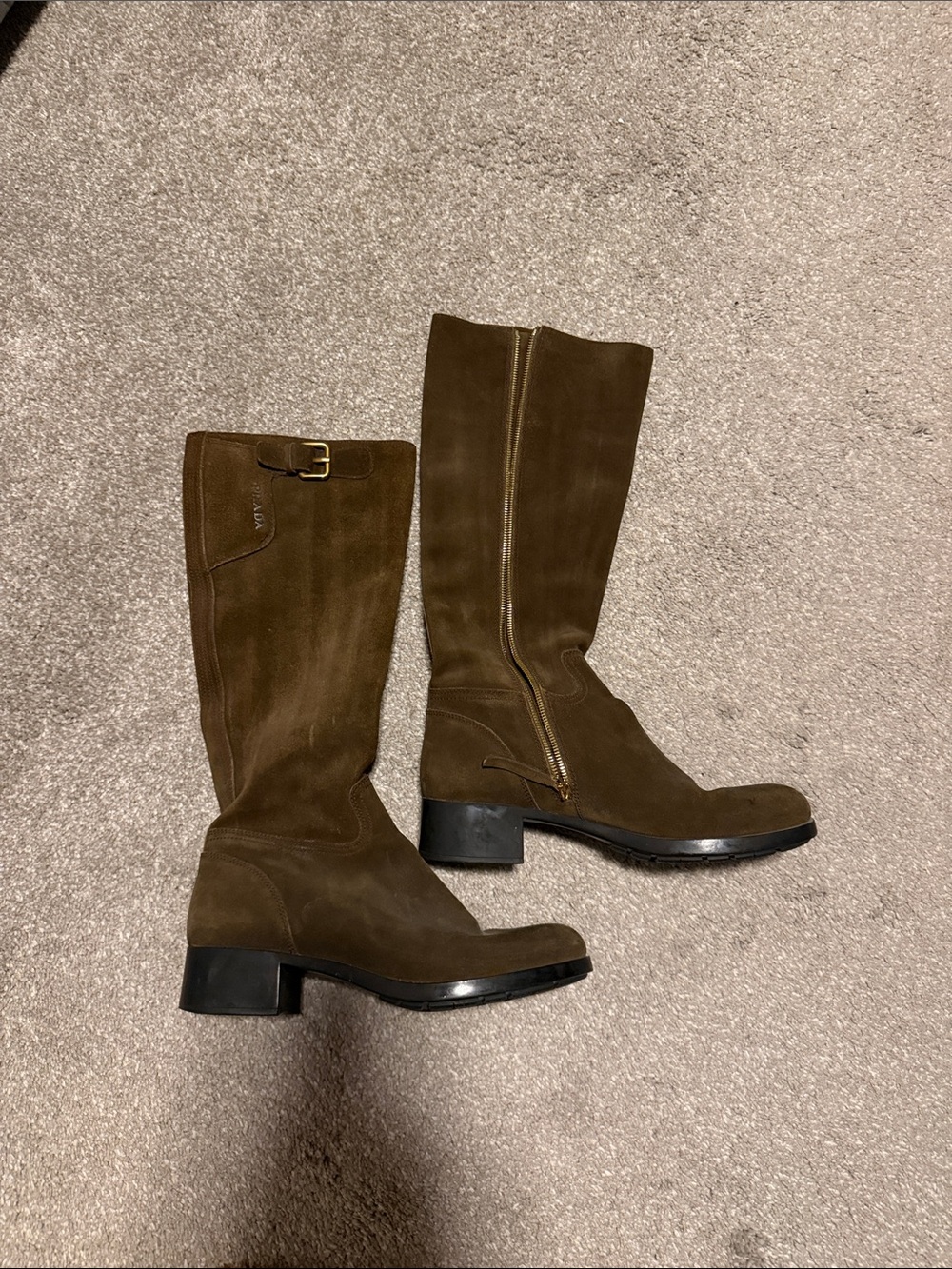 Prada Brown Suede Knee High Boots with Buckle